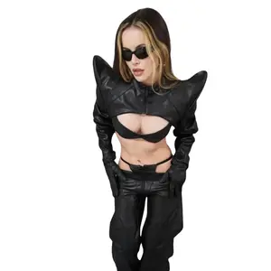 Summer Autumn Clothes Personalized Zipper PU Leather Hipster Sexy Nightclub King Hollow Navel Short Top Fashion Women's Clothing Light Shirts Womenswear Blouse Check Long Sleeve