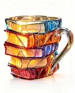 Colorful stacked book-shaped glass cup, vibrant rainbow gradient coffee cup, creative transparent tea cup—ideal for home decor and gifting