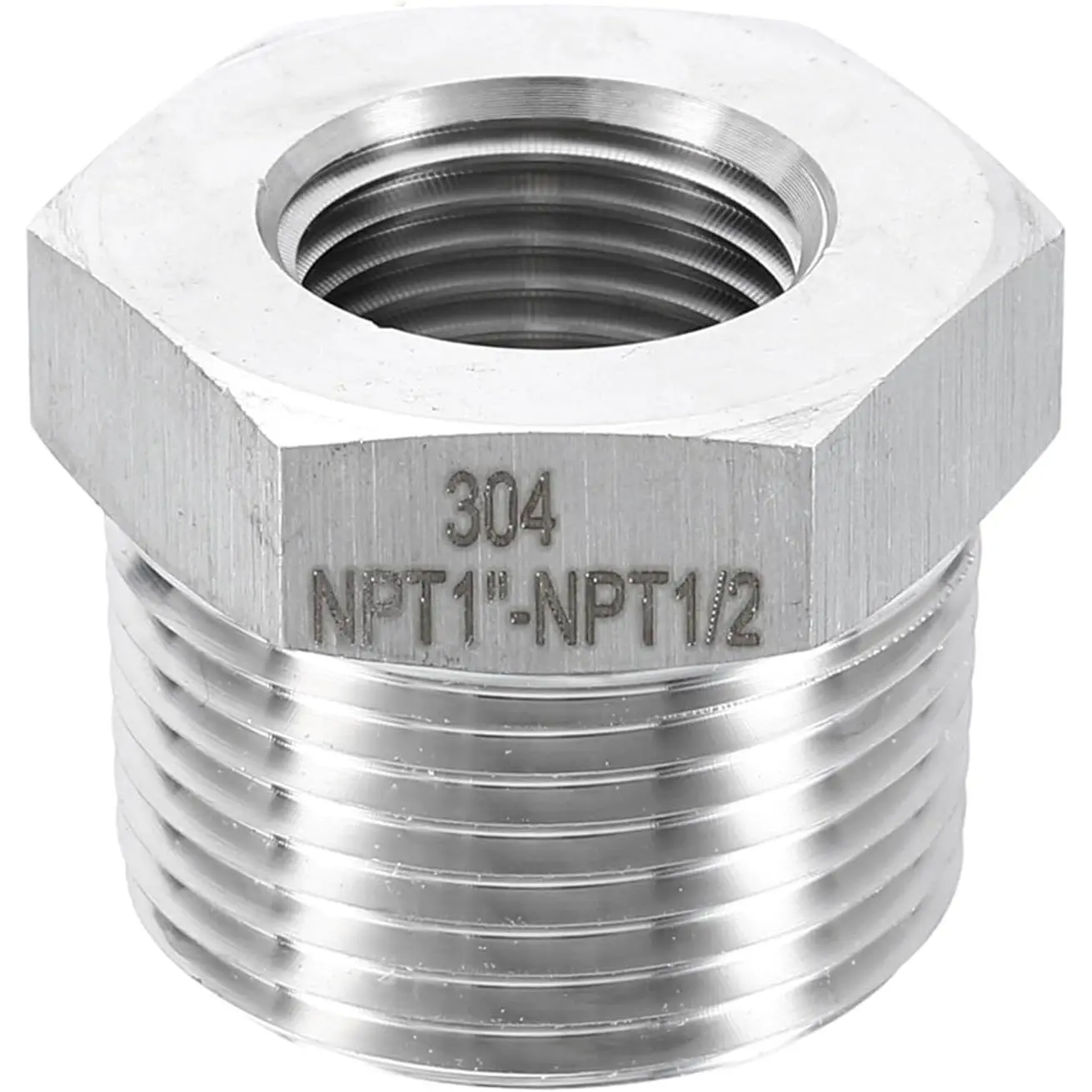 304 Stainless Steel Hexagonal Hex Shape NPT Reducer Bushing, 1" Male x 1/2" Female Pipe Fitting, Reducing Cast Pipe Adapter for Air, Water