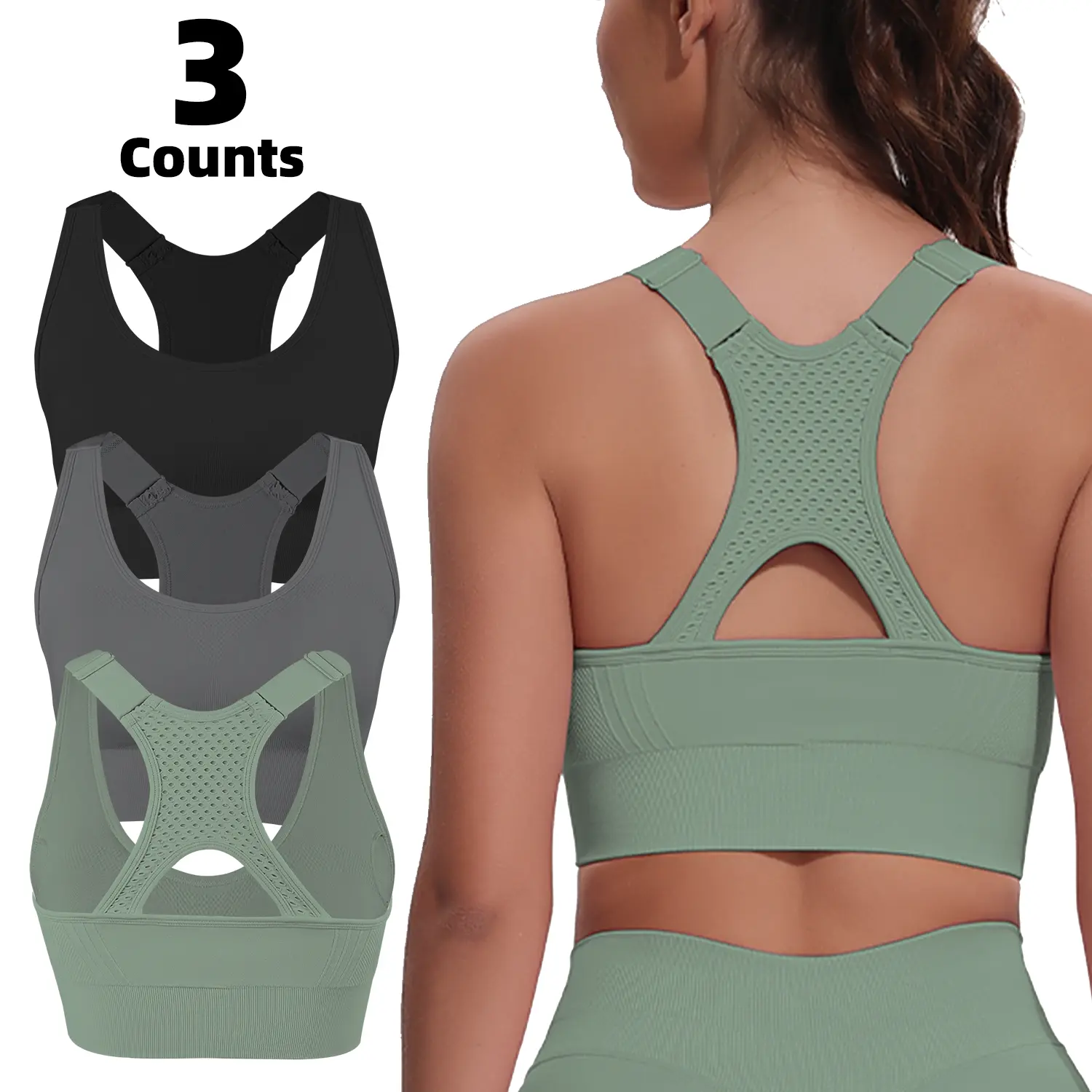 Women's 3-Pack Sports Bras - Adjustable Padded Racerback, High Support, Breathable Sweat-Wicking, for Running, Gym, Womens Fitness, Adjustable Elastic Band Sports Bras, Sports Bra For Women, Training Bras