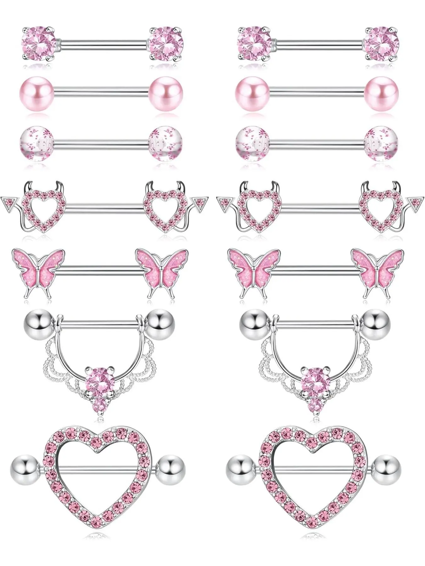 7 Pairs 14g Nipple Rings Stainless Steel Cz Heart Butterfly Barbell Tongue Rings, Cute Nipple Tongue Body Piercing Jewelry Body Jewellery for Women