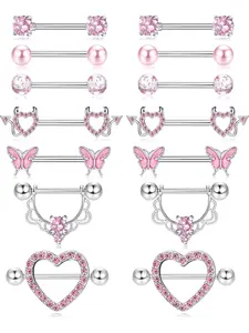 7 Pairs 14g Nipple Rings Stainless Steel Cz Heart Butterfly Barbell Tongue Rings, Cute Nipple Tongue Piercing Jewelry for Women