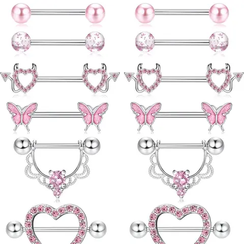 7 Pairs 14g Nipple Rings Stainless Steel Cz Heart Butterfly Barbell Tongue Rings, Cute Nipple Tongue Body Piercing Jewelry Body Jewellery for Women