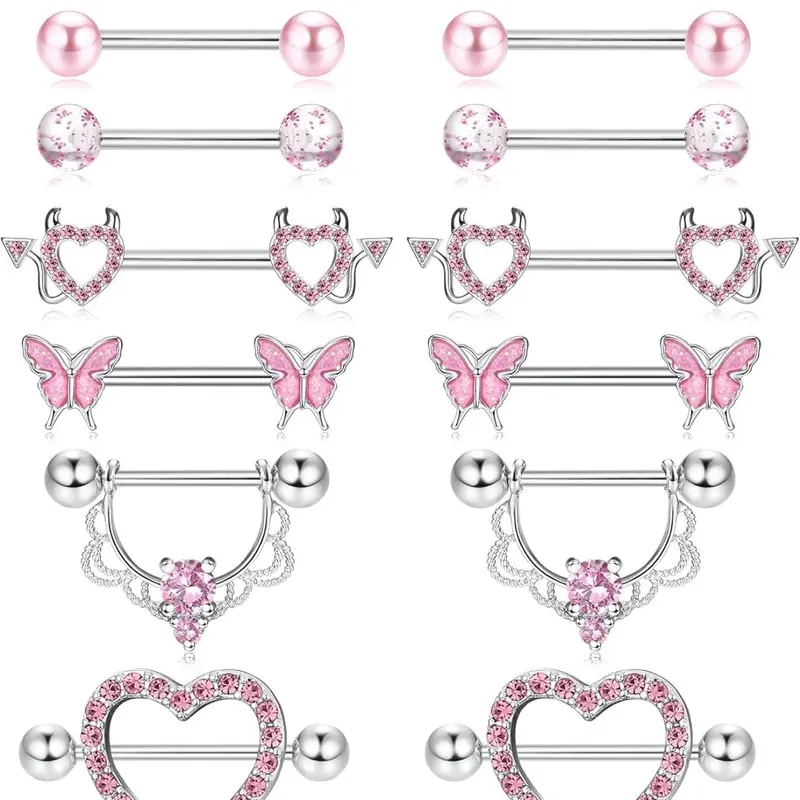 7 Pairs 14g Nipple Rings Stainless Steel Cz Heart Butterfly Barbell Tongue Rings, Cute Nipple Tongue Body Piercing Jewelry Body Jewellery for Women