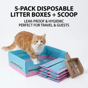 DAMAII Zero-Cleaning Disposable Cat Litter Box Set 5 Boxes 5 Scoops Toss & Go No More Scrubbing Supports up to 20lbs Large Cats Leak Proof Hygienic Travel Guests