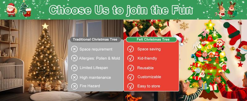 DIY Felt Christmas Tree Kit with 34pcs Detachable Ornaments & 5M LED Lights for Kids - 3.3 FT Wall Hanging Xmas Decorations Craft Kits