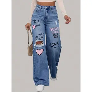 Waist Heart Graffiti Jeans: Casual Wide-Leg Style, Ripped All Seasons Womenswear Bottom