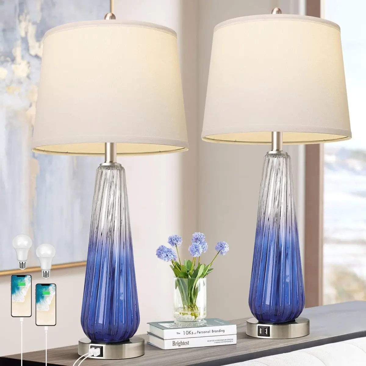 Navy Blue Gradient Glass Table Lamps (Set of 2, 27.48x13x13 in) – 3-Way Touch Control, USB A+C Ports, Modern Home Decoration Lamp for Bedroom, Living Room Nightstand