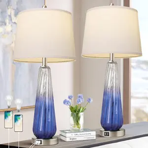 Navy Blue Gradient Glass Table Lamps 27.48x13x13 Inch Set of 2 with 3-Way Touch Control USB A+C Ports Modern Nightstand Light for Bedroom Living Room