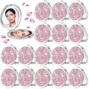 16 Pcs Compact Mirror for Purses Small Cosmetic Folding Pocket Compact Mirror Bulk 2.75 Inch Round Diamond Bling 1X/ 2X Magnifying Makeup Mirror for Women Wedding Gift, Pink Silver springtok