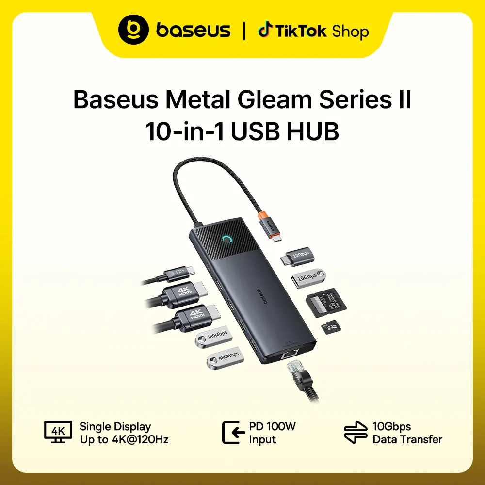 Baseus Docking Station Dual Monitor 10Gbps 10 in 1 USB C Hub with 2 HDMI, Single 4K@120Hz, Dual 4K@ 60Hz, 10Gbps USB C and USB A, Gigabit Ethernet, PD 100W, SD/TF for iPhone 17/Mac/Dell/HP/Lenovo