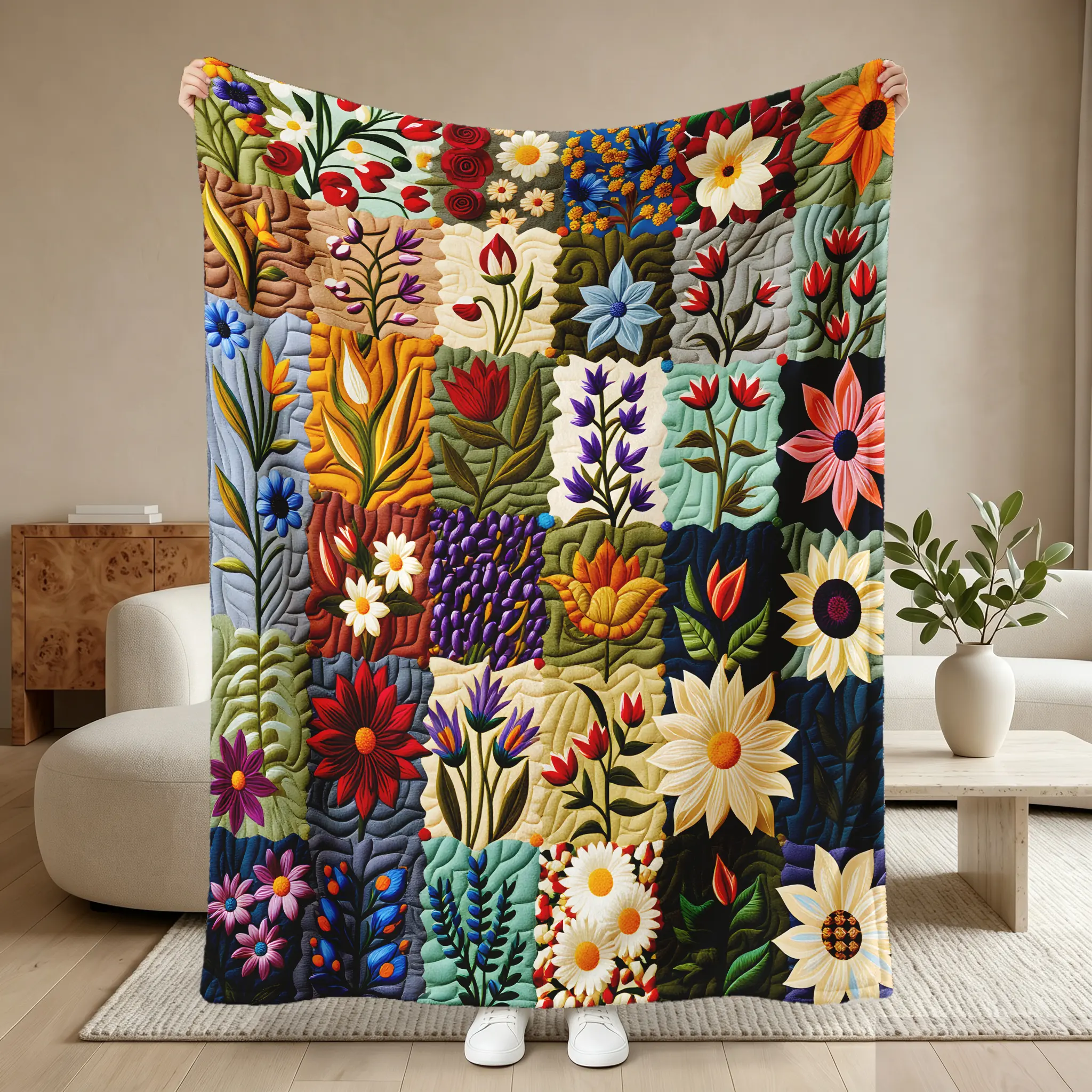 Vintage Patchwork Design Floral Flannel Blanket - Quilted Warmth BeddingThrow, Soft Cozy Cottage Core Decor Gift for Mom, Floral Patterns, Cozy Corn