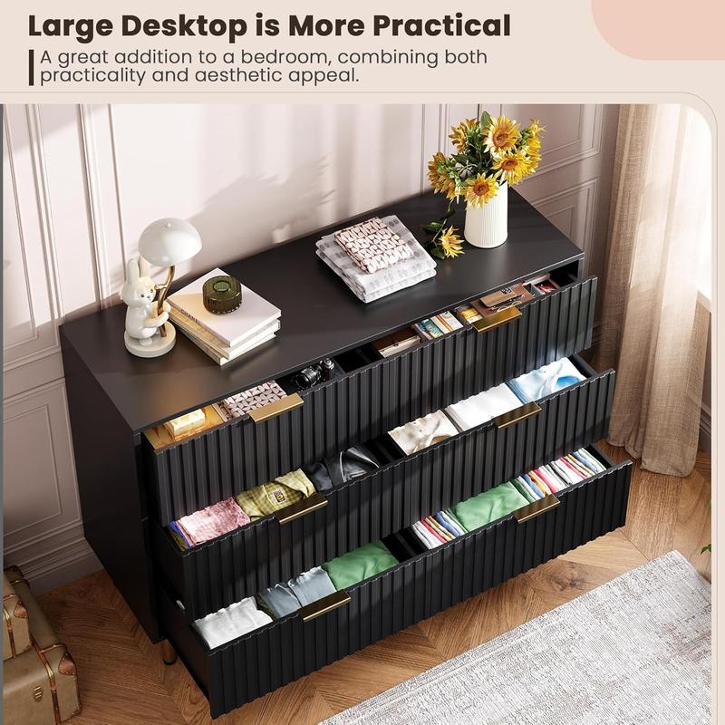 Fluted 6 Drawer Dresser for Bedroom,47.2 in Wide Modern Chest of Drawers with Deep Drawers,Large Double Dresser TV Stand,Wooden Organizer for Living Room,Hallway,Kids Room,Black