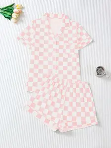Women's Plaid Button Front Sleepwear Set, Short Sleeve & Shorts Two-Piece Pajama Set, Casual Loose-Fit Home Wear for All Seasons
