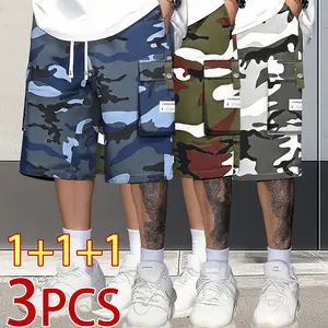 3PCS, Men's casual camouflage tooling shorts with 3D pocket, perfect for summer wear