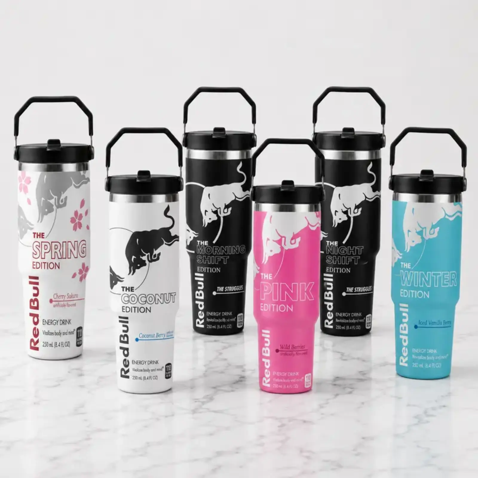 30oz Carry Tumbler Pink, White, Black, Blue & Purple Bull Editions Insulated Tumbler with Handle and Straw, Double Wall Vacuum Insulated Travel Mug, Trendy Collector Drinkware