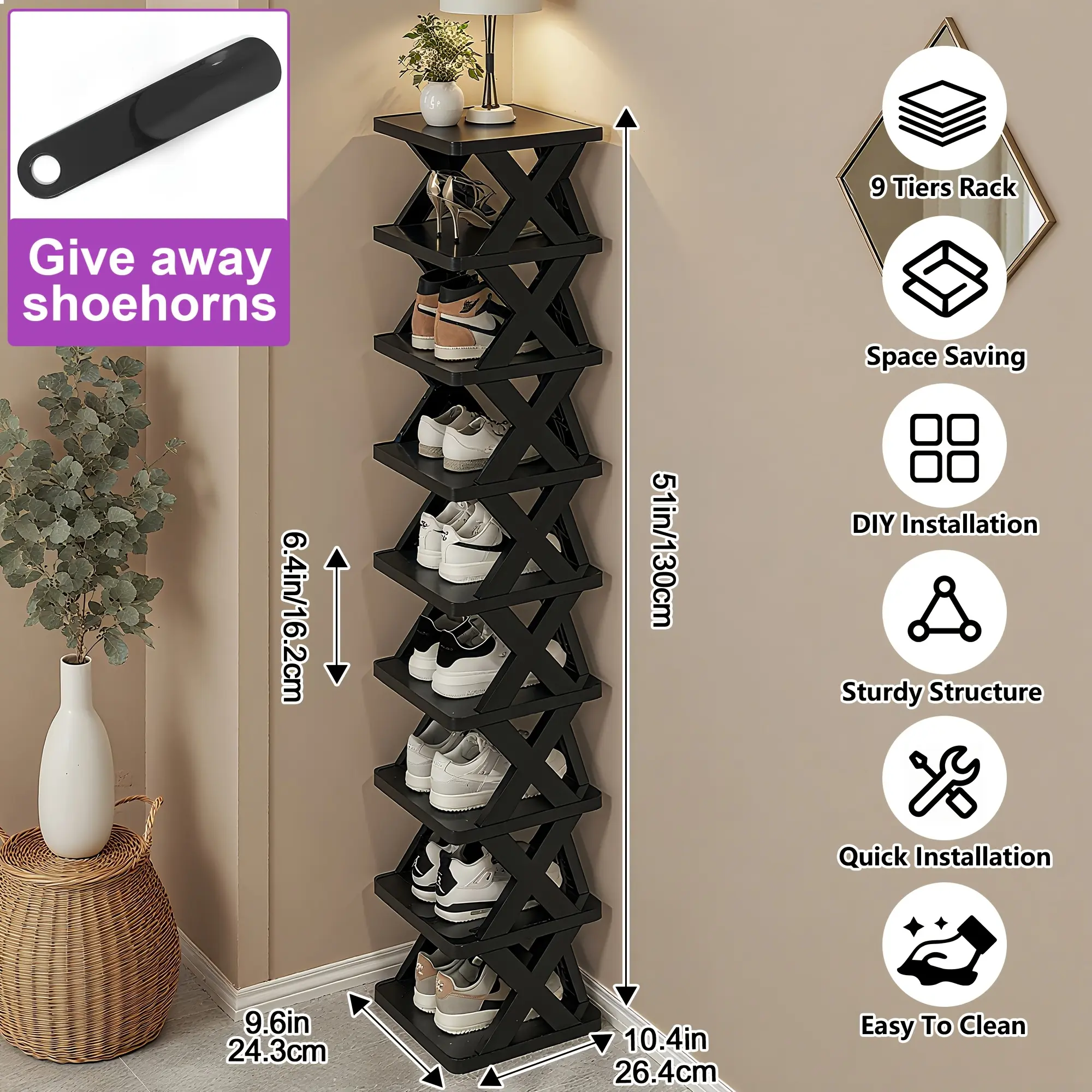 9-Tier Shoe Rack, Space-Saving Vertical Shoe Organizer for Entryway, Bedroom, Hallway, Living Room, Dorm - Stackable Plastic Shoe Storage Shelf, Easy Assembly, Black/Pink/Multi-Color Options