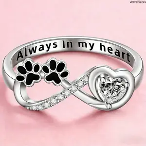 Paw Print Ring with Heart Design, Rhinestone Pet Lover Jewelry, Cute Animal Gift