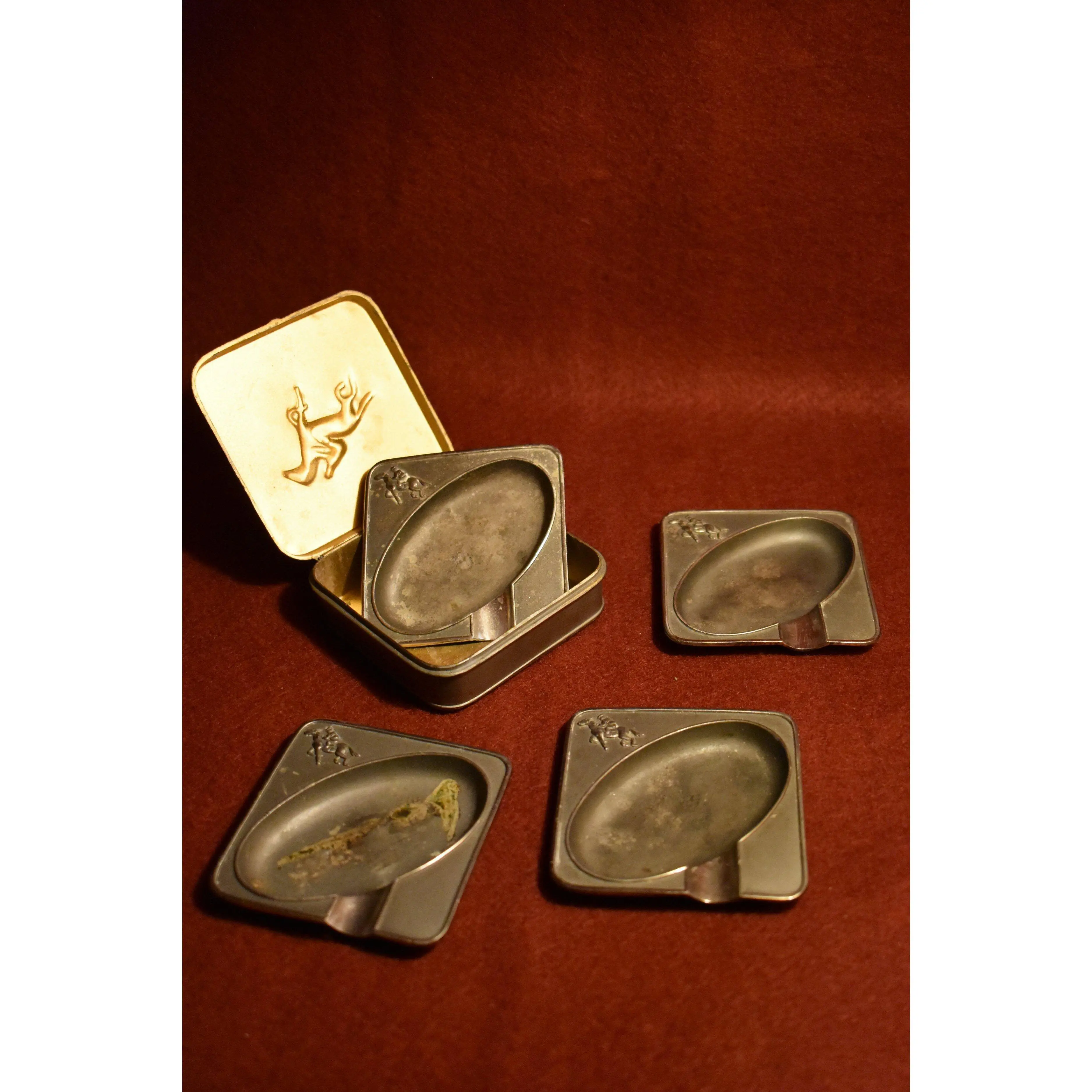1930s Solid Brass Ashtray Set in Carrying Case