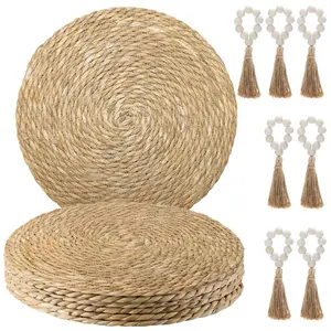 Set of 7 Woven Placemats,13.8" Natural Water Hyacinth Round Rattan Placemats with Wooden Beads Napkin Rings for Kitchen Dining Table Decor,Halloween Christmas Party Gifts,Hand Tools Kits,Summervibes
