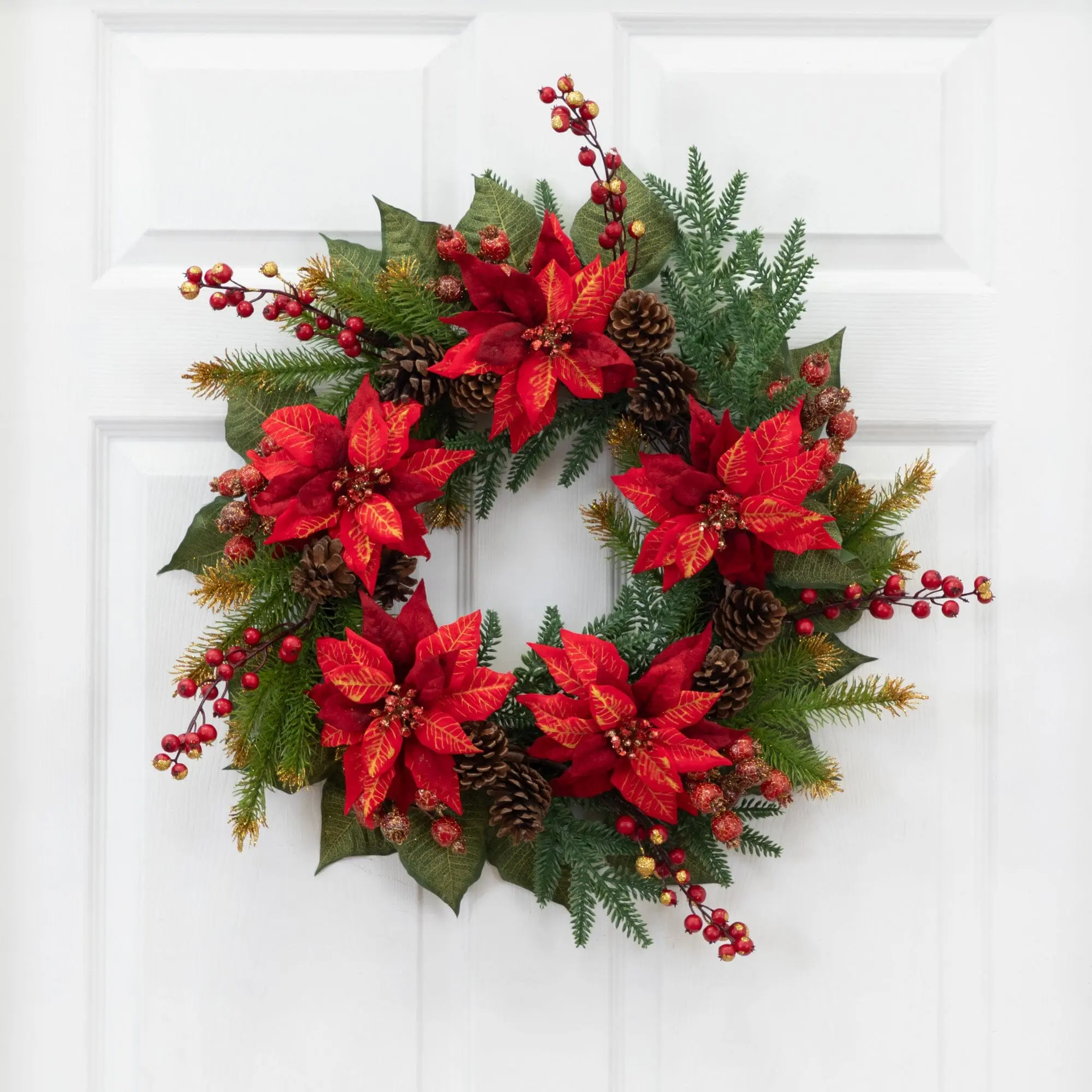 24 In Poinsettia & Berry Wreath, Colorful Patterned Festive Decor, Front Door Decor, Apartment Decorating Accessory, Ideal Holiday Home Gift