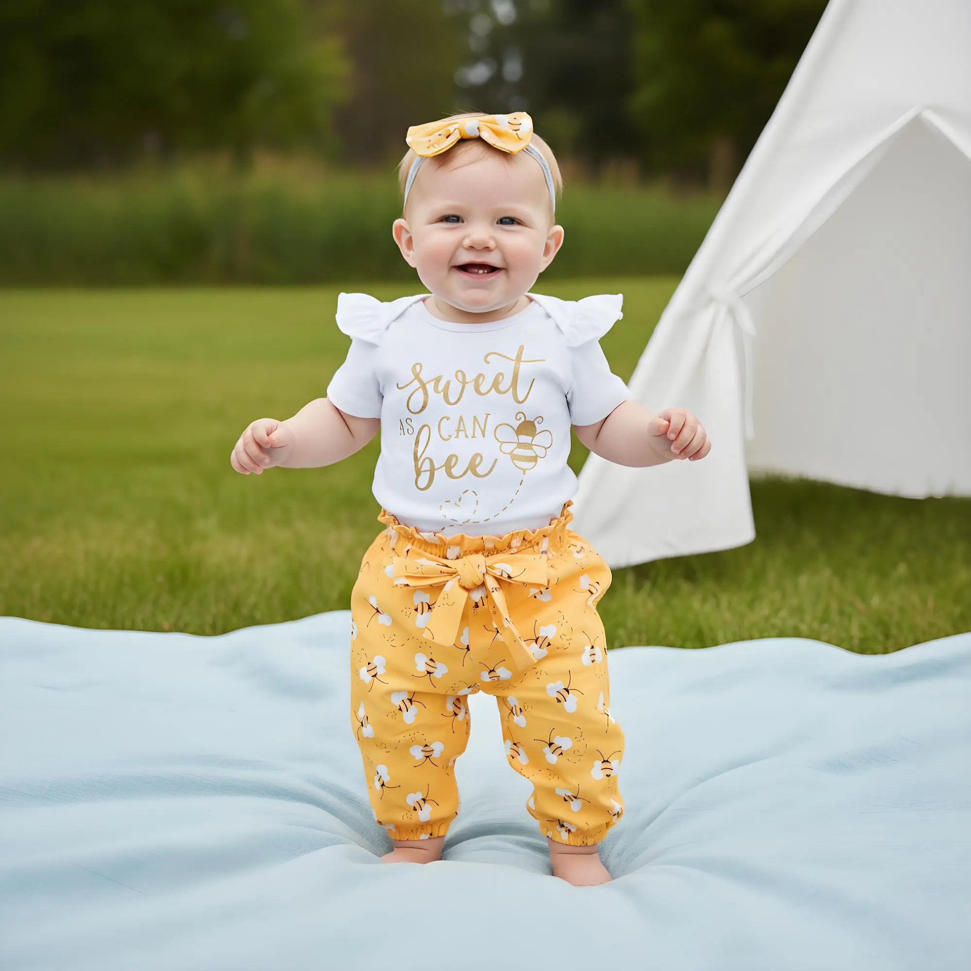 Baby Girls' Summer 3-Piece Set - Sweet as Can Bee Bodysuit, Yellow Bee-Print Shorts & Bow Headband 0-12M Machine Washable Soft Spandex