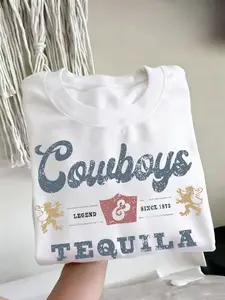 Women's Cowboy & Tequila Western Graphic Tee, Distressed Cowboy Tee, Summer Loose Fit Round Neck Short Sleeve, Casual Polyester Top for Gifts and Weekend Outfit, Concert Outfit, Barbecue Party, Oversized, Womenswear