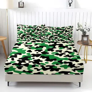 3Pcs Camouflage Fitted Sheet Set, Military-Inspired Black, Green and Light Beige Pattern Bedding Set, Durable and Comfortable Fabric, Ideal for Outdoor Lovers and Stylish Bedroom Decor,Includes 2 pillowcases (pillow inserts not included).