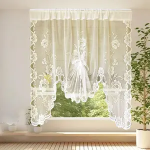 White Semi-Sheer Floral Lace Curtain Swag for Kitchen Half Window Bathroom Decoration Rod Pocket,59 x 39 Inch, 1 Panel