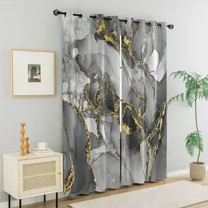 2 Panels Grey Gold Marble Printed Curtains, 80%-90% Light Blocking Darkening Curtains,Modern Abstract Printed Curtains,Decorative Room Darkening Curtains for Bedroom Living Room Home Decor
