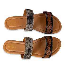 Tambra Mesa Sandals Footwear Leather Summer Shoe Women Open Toe Flat Plain Pattern Hairon Leather & TPR Comfort Grip Soles - Girl