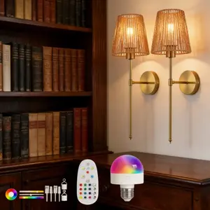 Two-Piece Battery Powered Wall Light Set, Rechargeable Bulb, Woven Basket Shade, Wireless Wall Lamp, Decorative Wall Light, Home Decor Lighting Fixture