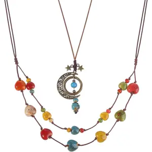 2Pcs Boho Hippie Ceramic Beaded Necklaces for Women Bohemian Crescent Moon Lariat Necklace Vintage Colorful Beads Strand Summer Necklace