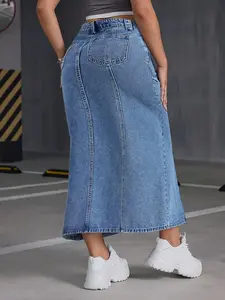 Women's Casual Stretch Mid Rise Long Denim Skirt Women Button Down Mid-Length Streetwear Denim A Line Skirt Womens Elegant And Stylish Style Elastic Hip Skirt Long Dress Womenswear Bottom Palda Basic Fitted Maxi Coat Cotton