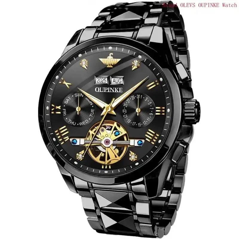 OUPINKE Men's Watch Automatic 44mm Big Dial Tungsten Steel Strap Date Waterproof Luxury Sapphire Crystal Custom engraving.Max 12 letters or numbers
