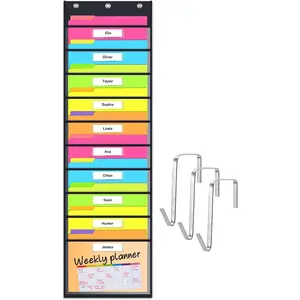 Clear Storage Pocket Chart for Classroom & Office with 10 Nametag Pockets, 3 Overdoor Hangers Included, Hanging Wall File Organizer for File Folders, Assignments, Files, Scrapbook Papers & More