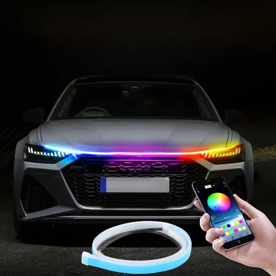 Car LED Hood Light Strip, RGB Color Changing Engine Cover Light Strip, App Remote Control Car Decorative Light, Universal Car Accessories