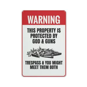 Funny Gun Metal Sign, THIS PROPERTY IS PROTECTED BY GOD & GUNS Thin Sign 8×12 Inch Bold Gun Rights Wall Art for Patriotic Home, Garden Garage & Man Cave outdoorfun