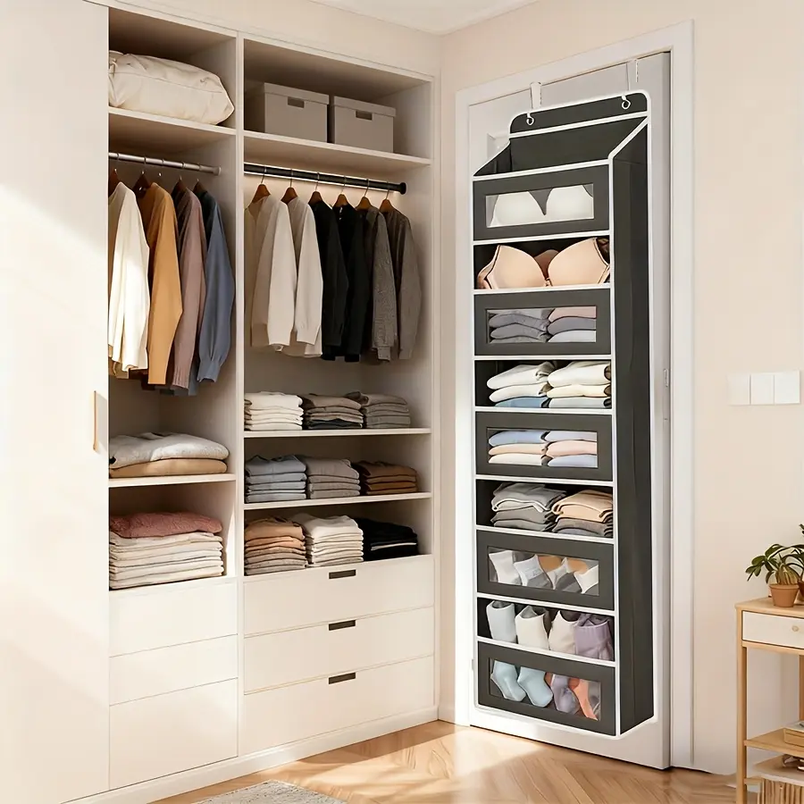 Over The Door Organizer Storage, 5 Shelf Hanging Door Organizer with 5 Large Capacity Pockets, Anti Tilt  Load Behind Door Storage for Bedroom, Bathroom, Pantry, Nursery, (Grey) Hangable Racks