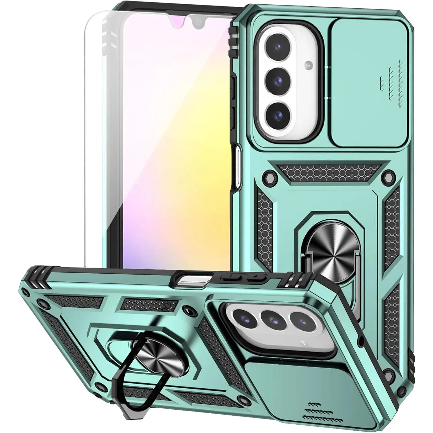 for Samsung Galaxy A26 5G Case with Camera Lens Cover HD Screen Protector, Dual Layer Military-Grade Drop Tested Magnetic Ring Holder Kickstand Protective Phone Case for Galaxy A26 5G (Dark Green)