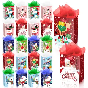 20Pack Small Chirstmas  Bags with Tissue Paper and Tag, Mini Paper Bags with Handles Assorted Cute Christmas Design for Xmas Holiday Presents Wrapping.