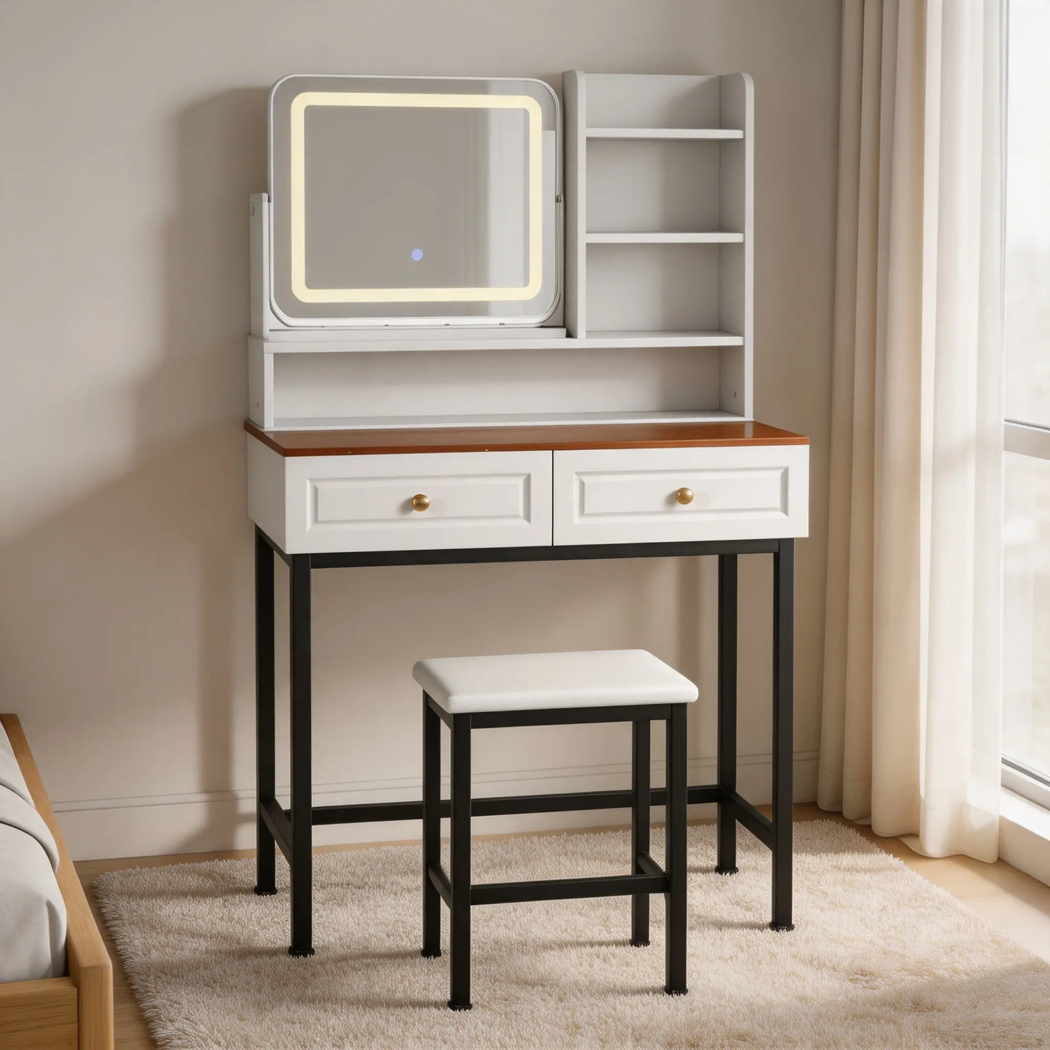 Vanity Desk with LED Rotatable Mirror & Power Outlet, Makeup Table with 2 Drawers, 3-Tier Shelves, Amber Glass Top, Metal Legs & Stool, White