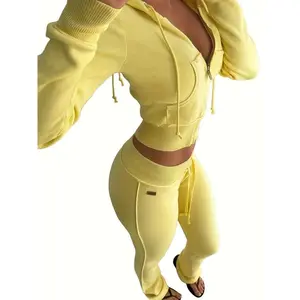 Autumn and Winter Slim Fit Solid Color Suit Short Zipper Women's Hoodie Flared Casual Pants