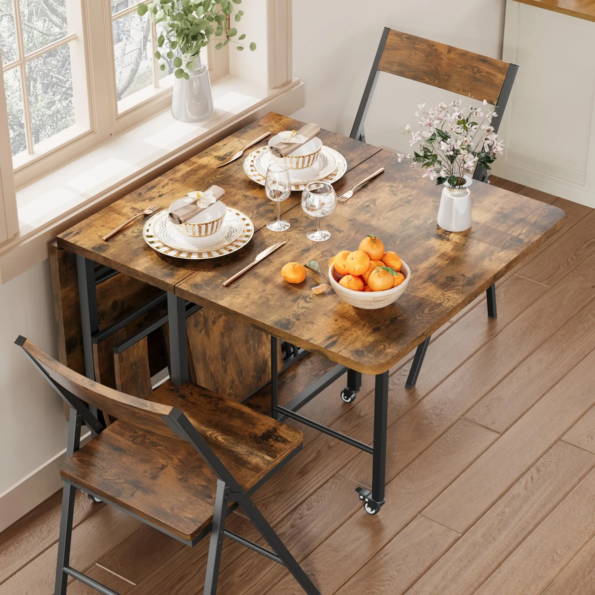 Dining Table Set for 4 – Foldable Dining Table with 4 Foldable Chairs – Rectangle Space Saver Table & Chairs Set with Swivel Wheels for Small Space, Apartment, Kitchen, Dining Room