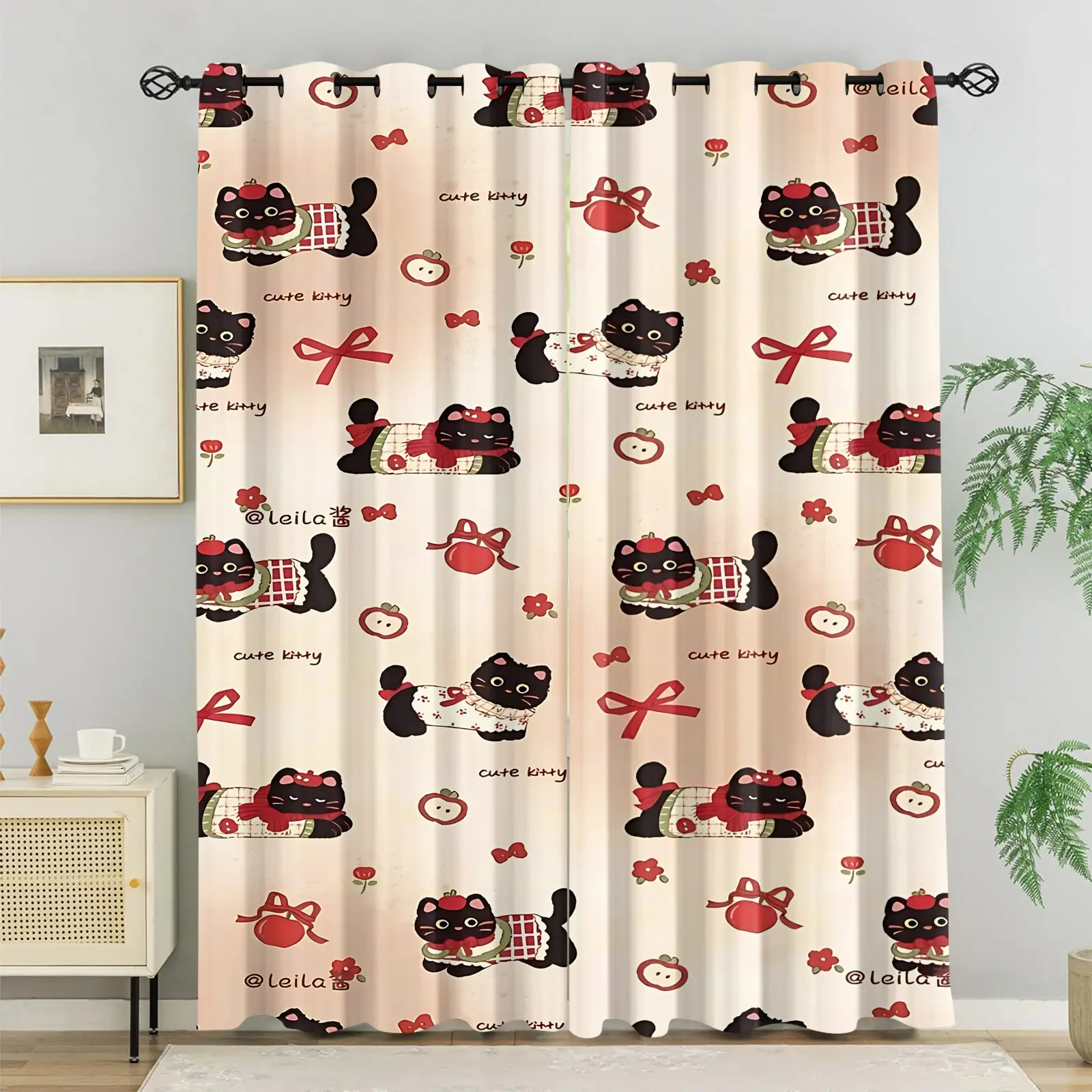2Pcs Cartoon Cat & Apple Print Curtains, Soft Lovely Girl Style, Blackout Sun Protection Washable, Decor Curtains for Kids Room, Girls Bedroom, Homestay, Rental