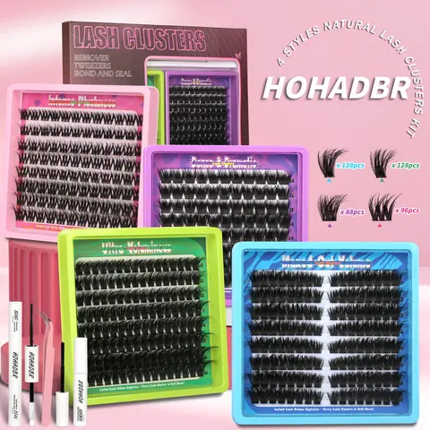 HOHADBR DIY Cluster Lashes Kit - 4-Styles Volume Eyelash Extensions Bundle, Beginner-Friendly with Complete Supplies for Easy Home Application