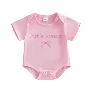 Newborn Infant Baby Girl Summer Sister Matching Romper T shirt Pink Short Sleeve Bow Little/Big Sister Embroidery Sweet Onesie Bodysuit Jumpsuit