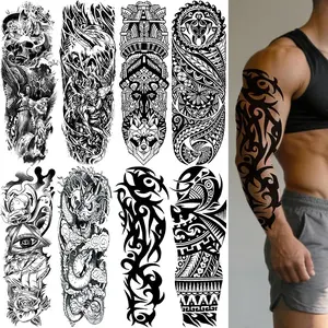 8 Pcs Full Arm Temporary Tattoo Stickers, Waterproof Totem Tribal Skull Dragon Design, Party Halloween Decorations for Men Women, Gothic Skull Tattoo