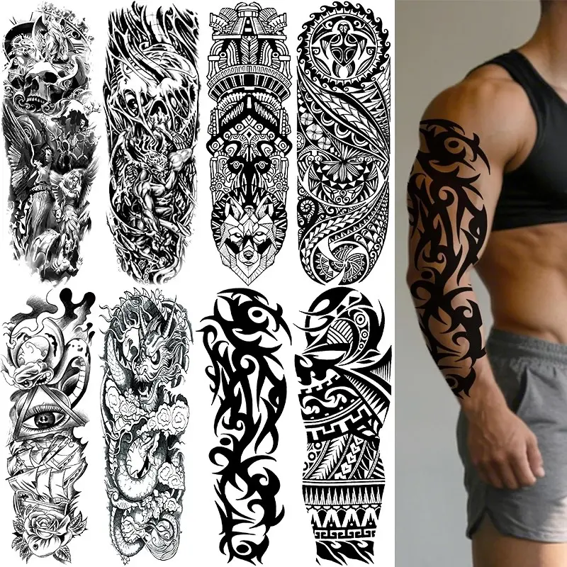8 Pcs Full Arm Temporary Tattoo Stickers, Waterproof Totem Tribal Skull Dragon Design, Party Halloween Decorations for Men Women, Gothic Skull Tattoo