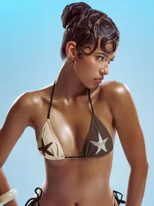 Summer New Starfish Design Bikini Top, Cute Colorblock Triangle Cup Swimsuit, Beach Vacation Wear, Adorable Holiday Swimwear